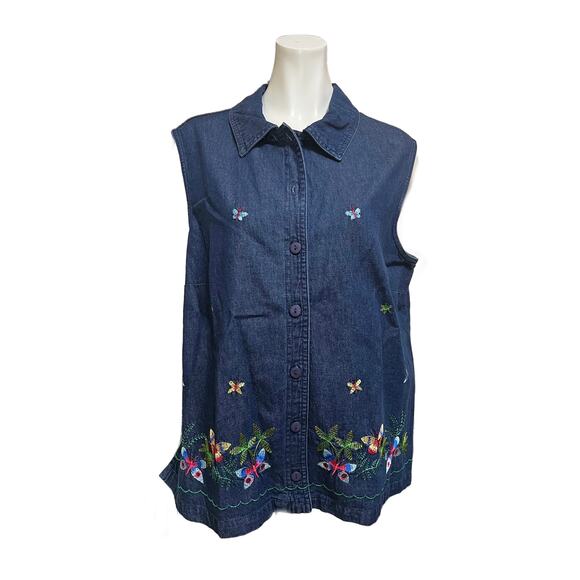 Allison Daley Denim Chambray Embroidered Butterfly Button Down Vest Size 16P - Picture 1 of 3